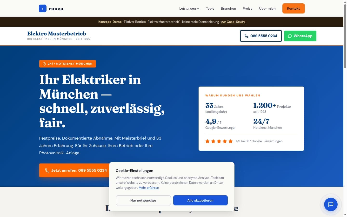 Screenshot des Konzept-Redesigns für den fiktiven Betrieb Elektro Musterbetrieb: prominenter 24/7-Notdienst-Badge im Hero, Telefonnummer und WhatsApp-Kontakt im Header, Navy-Orange-Farbpalette, Trust-Panel mit Google-Sterne-Bewertung